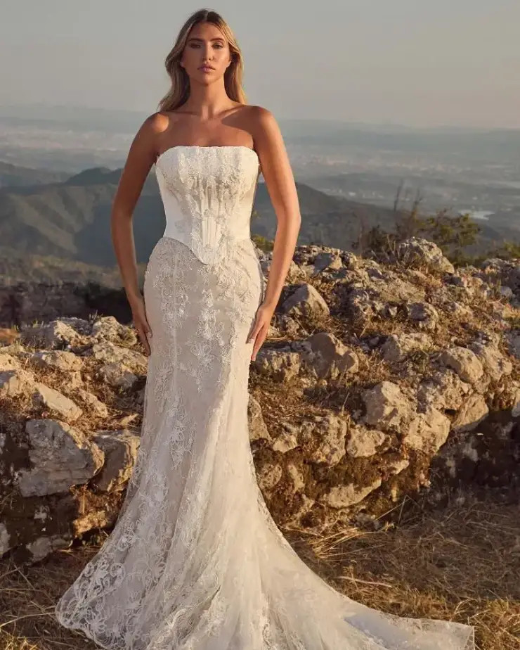 A woman in a strapless lace wedding dress stands confidently on rocky terrain. The background showcases a scenic mountain view under a warm, golden sky.
