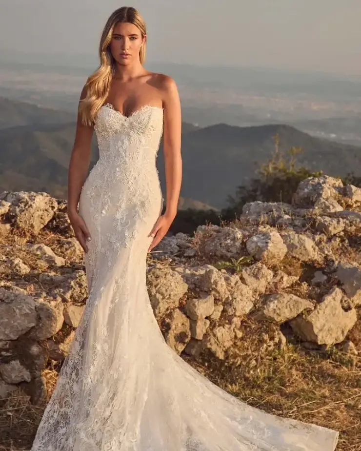 A woman wearing a fitted, strapless lace wedding gown stands outdoors against a scenic backdrop of mountains and hills. The dress features intricate lace detailing and a long train, highlighting the woman's silhouette.